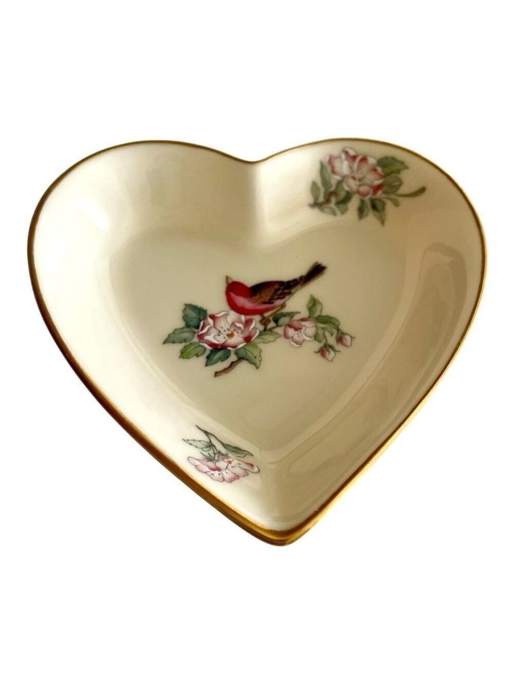 Lenox Serenade Heart Trinket Dish Pink Flowers 24K Rim Vintage